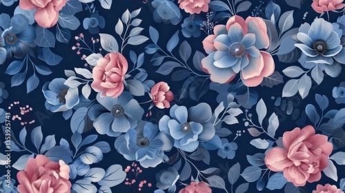 Wallpaper Mural A repeating floral design with flowers on a deep blue background, perfect for wallpaper or fabric.

 Torontodigital.ca