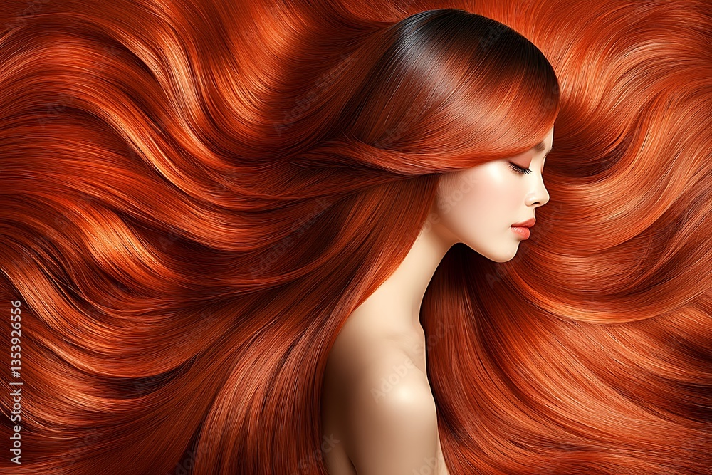 Obraz premium A beautiful woman with flowing long red and orange hair