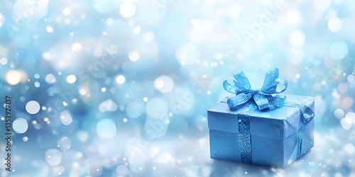 Elegant Blue Gift Box on a Sparkling Snowy Surface