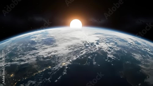 Earth From Space View During Sunrise Over Europe and Africa With Visible City Lights at Night and Cloud Coverage, Rotating Slowly