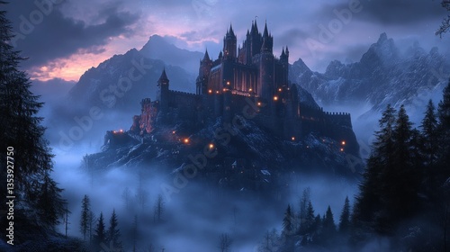 Mystical medieval castle atop mountain enveloped in ethereal fog and twilight