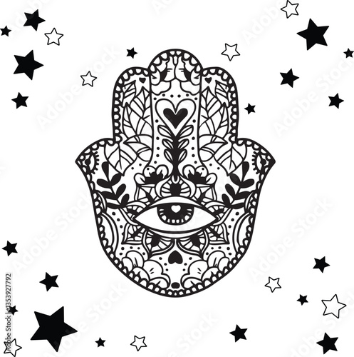 t shirt design mano di Fatima,  cornice stellata e grafica centrale