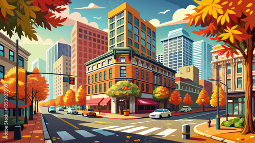 Streets of Portland: the crossroads of Morrison and third in downtown Portland (Oregon) on a beautiful fall day.