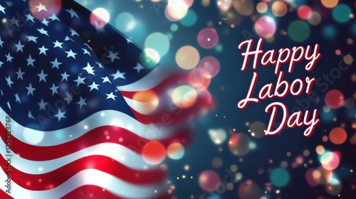 An American flag with bokeh particles in the foreground, stylish formal typography style text 