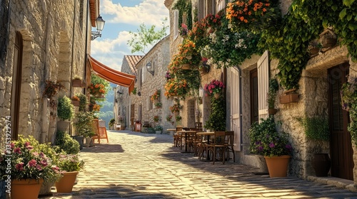 Narrow cobblestone street in a charming European village with yellow and beige stone buildings