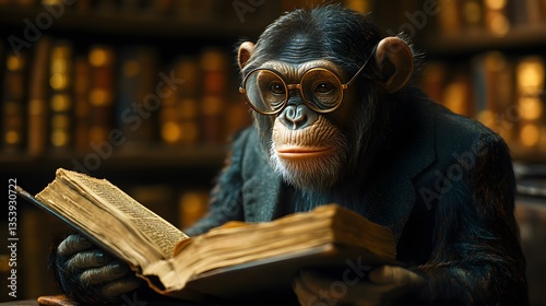 Intricate scene capturing an erudite simian deeply immersed in study within a cozy and elegantly appointed room