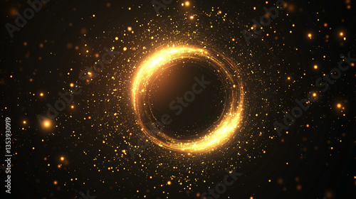 Radiant glowing ring encircled by bright particles against a cosmic dark backdrop