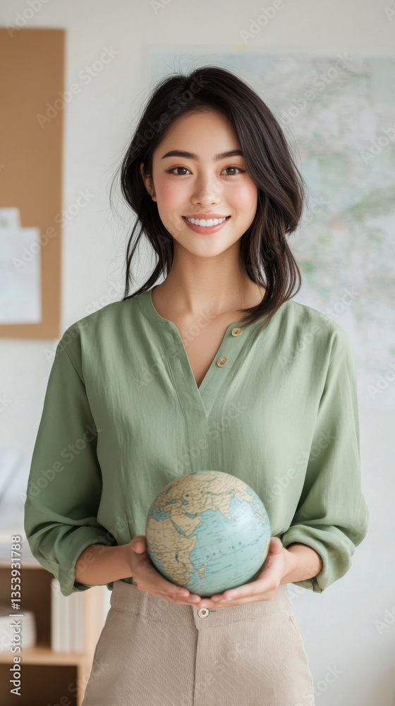 Asian teacher holding globe in classroom for educational inspiration and geography learning