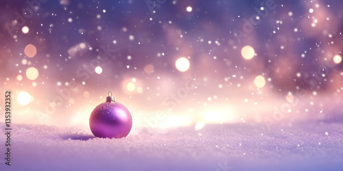Purple Christmas Ornament on Snow with Soft Lights