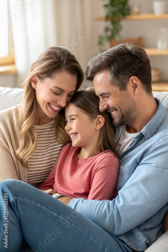 Smiling parents and daughter bonding at home, sitting together on the sofa, embracing happiness and love. (Family)