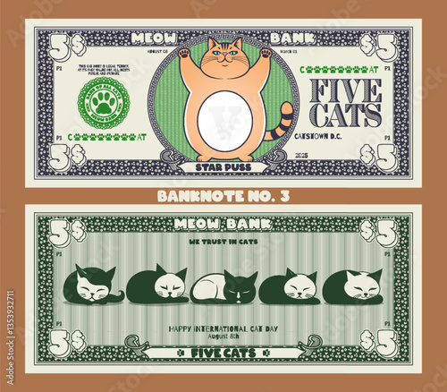 Vector obverse and reverse of feline banknote, denomination of 5 cats. Cartoon standing chubby star puss, raised paws. Five sleeping lying graphic kittens. International Cat Day. No. 3