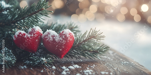 Festive Green Bokeh Background with Pine Branches
