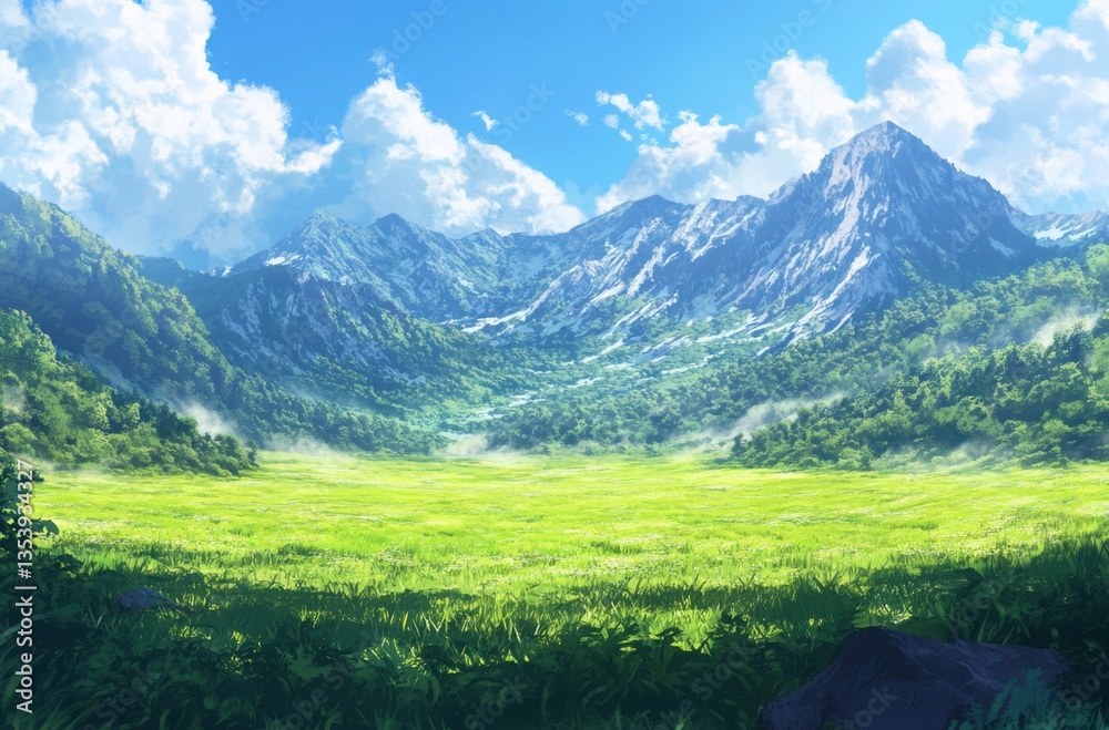 Fototapeta premium Breathtaking mountain landscape under a clear blue sky, vast green