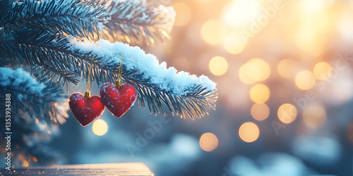 Festive Green Bokeh Background with Pine Branches