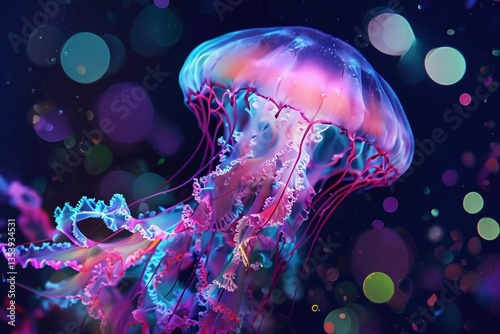 Illustration of colorful jellyfish on dark background with bokeh effect, underwater world,  marine animal. photo