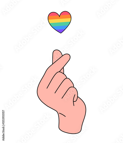 Cartoon illustration of a hand making a finger heart gesture with a rainbow-colored heart above, symbolizing love, LGBTQ pride