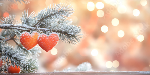 Romantic Winter Scene with Heart Ornaments on a Snowy Branch