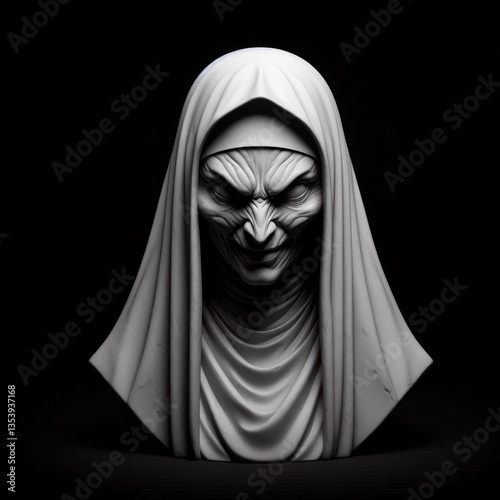 Monochromatic marble sculpture showcasing a demonic nun in stark contrast against a black backdrop