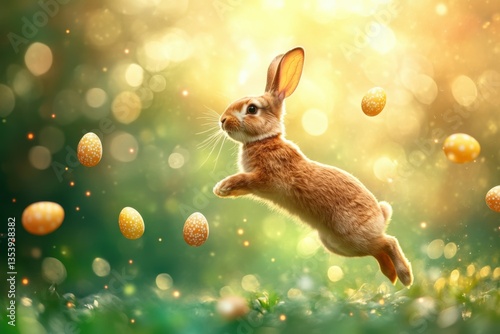 Happy Easter Sunday background, A joyful brown rabbit hopping high, surrounded by floating glowing Easter eggs in a mystical mist, set against a deep emerald green and soft orange bokeh background