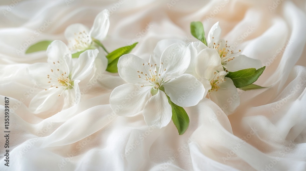 Fototapeta premium Elegant White Flowers Arranged Neatly on a Soft White Cloth Creating a Serene and Pure Atmosphere