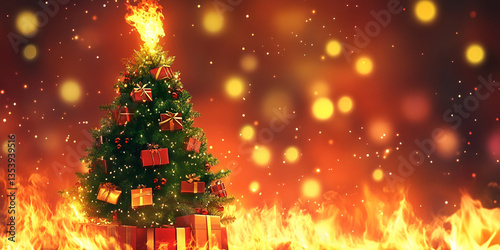 Burning Christmas Tree with Gifts in Flames
