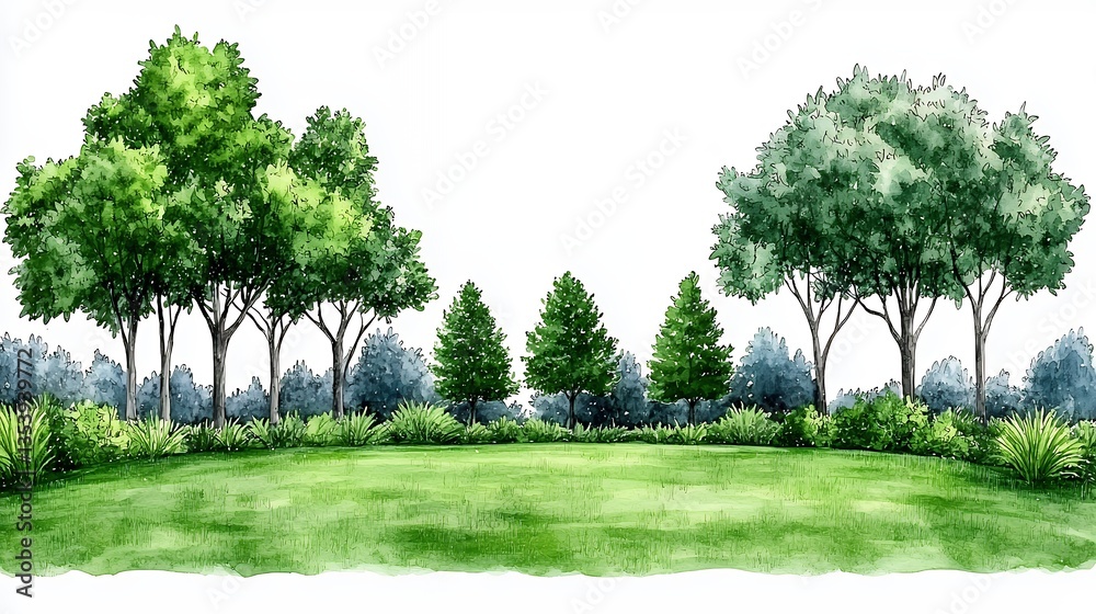 Lush Green Watercolor Landscape with Varied Trees Lush Green Watercolor Landscape with Varied Trees