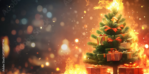 Burning Christmas Tree with Gifts in Flames