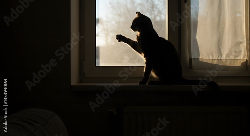 Cat Reaching at Window in Silhouette Against Warm Sunlight Streaming in