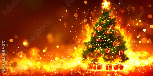 Burning Christmas Tree with Gifts in Flames
