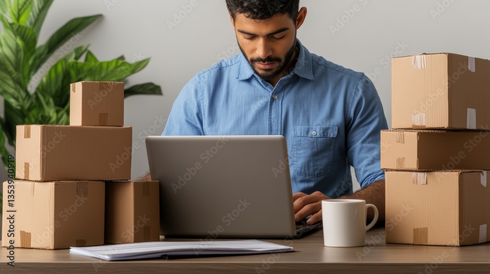 A focused young man with a beard diligently managing his online business at a desk surrounded by shipping boxes and a mug beside his laptop setup A focused young man with a beard diligently managing his online business at a desk surrounded by shipping boxes and a mug beside his laptop setup