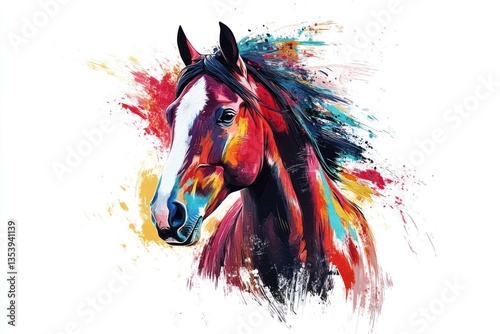 A realistic portrait of a horse with abstract strokes in vibrant colors, set against a white background. The dynamic brushwork adds energy to the composition,  