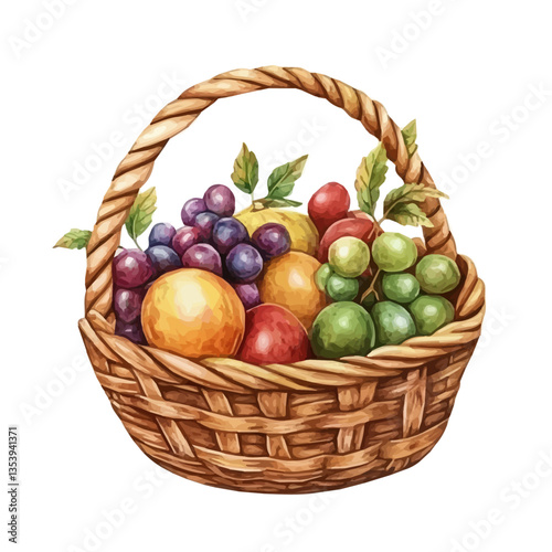 Raisin Tree Fruit Basket, watercolor vector, isolated on a white background.
