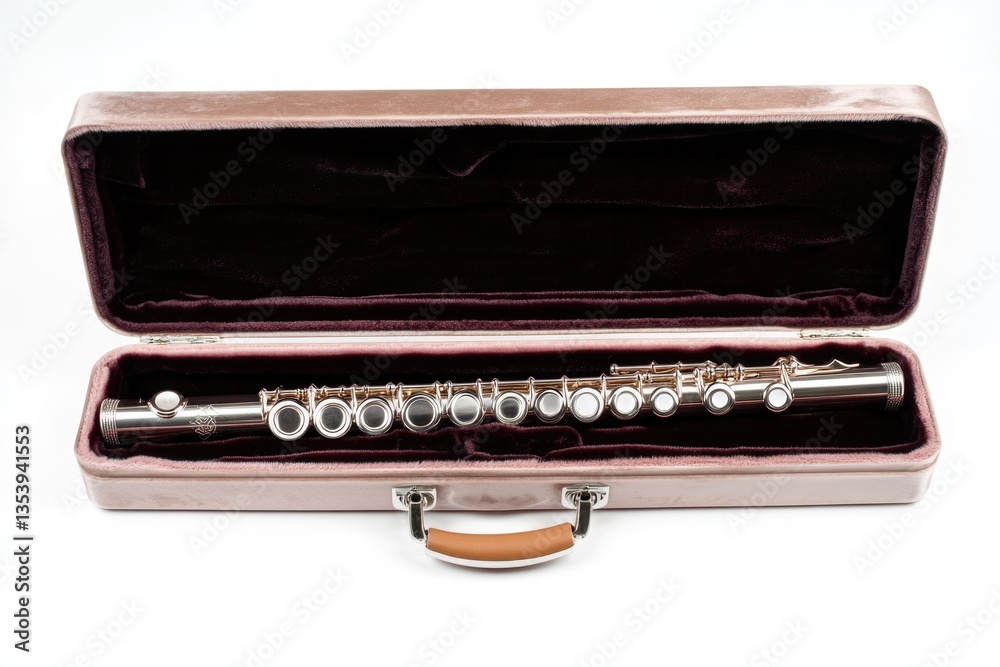 A close-up shot of a flute stored in its case on a clean white surface