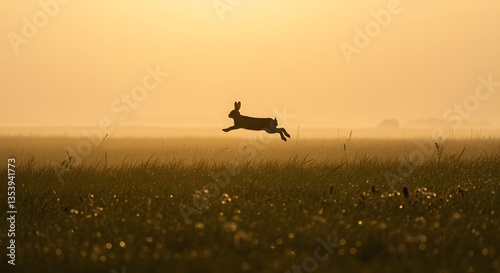 Hare Jumping Across Field at Dawn in Silhouette Wildlife Moment