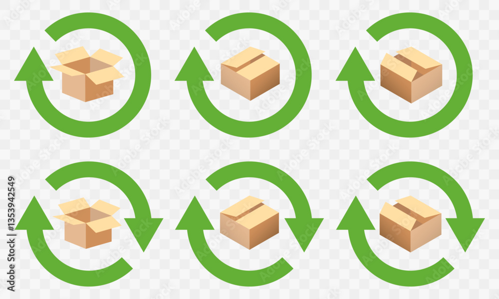 Sustainable packaging cycle icons. Vector illustration of cardboard boxes encircled by a green arrow, representing the sustainable cycle of reuse