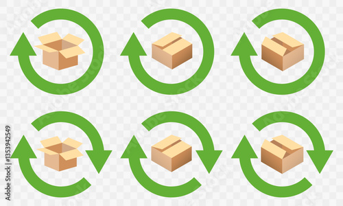 Obraz na płótnie Sustainable packaging cycle icons. Vector illustration of cardboard boxes encircled by a green arrow, representing the sustainable cycle of reuse w salonie