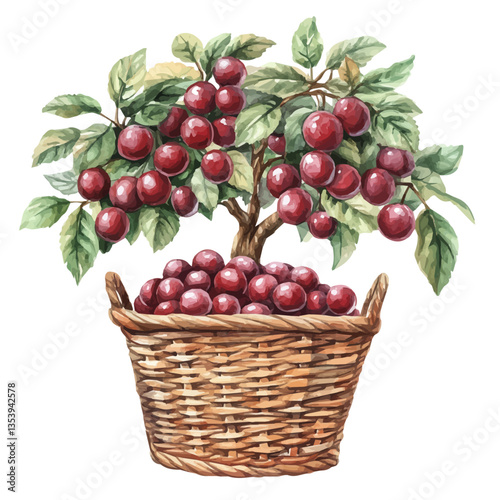 Raisin Tree Fruit Basket, watercolor vector, isolated on a white background.