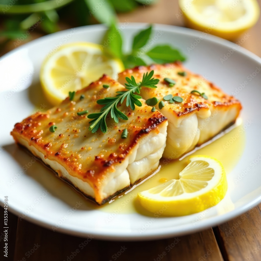 Crusty Cod with lemon slices on a plate , fish, seafood Crusty Cod with lemon slices on a plate , fish, seafood