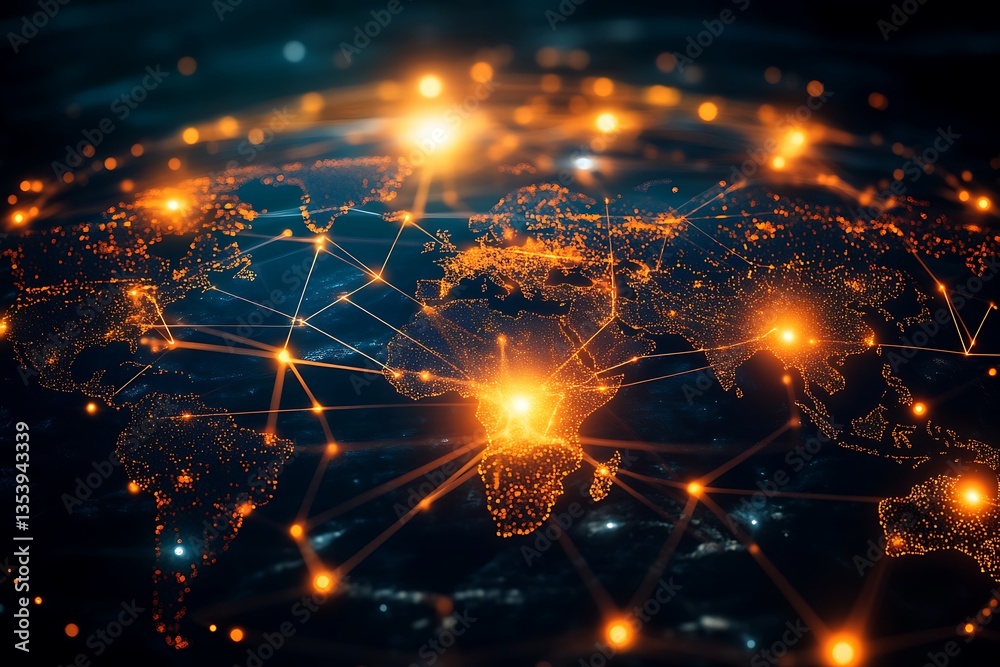 Fototapeta premium Global network connecting world cities with data flow and information exchange