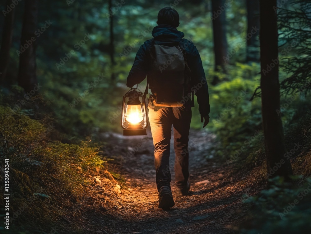 A person walking on a trail with a lantern, providing light in the darkness