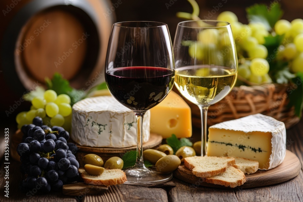 A still life featuring red and white wine glasses, cheese, grapes, and a wooden barrel in the back A still life featuring red and white wine glasses, cheese, grapes, and a wooden barrel in the back
