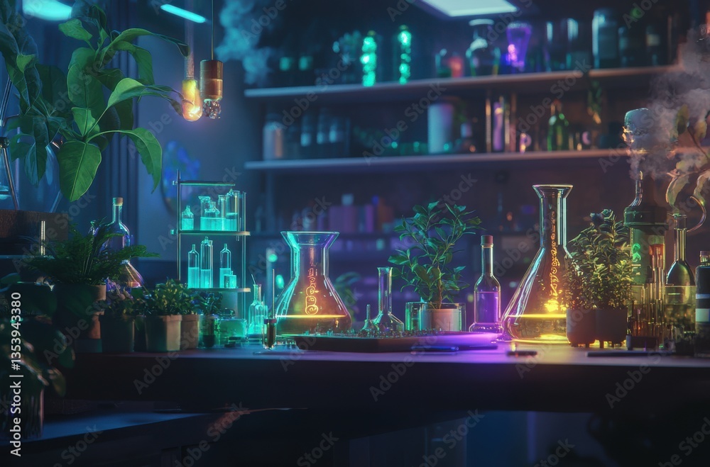 Scientific setup with glowing liquids, delicate plants, Scientific setup with glowing liquids, delicate plants,