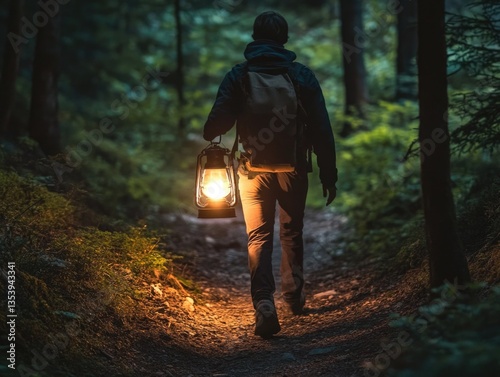 Obraz na płótnie A person walking on a trail with a lantern, providing light in the darkness w salonie