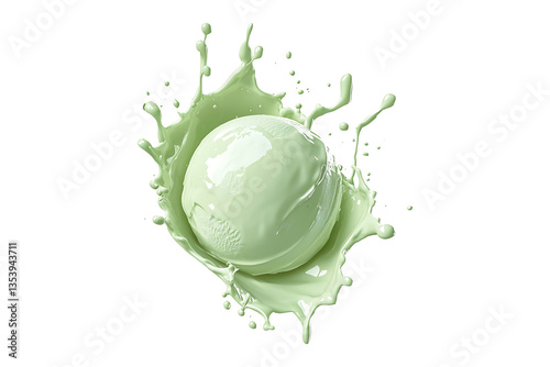 Green Ice cream scoop or ball with splash Isolated on White and Transparent Background PNG Image.