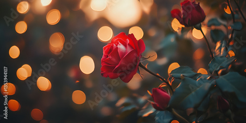 Romantic Red Rose with Glowing Bokeh Lights