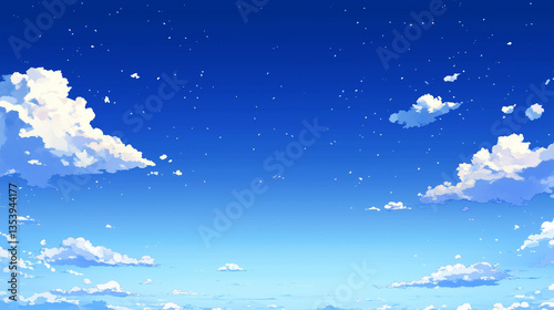 Tranquil blue sky with fluffy white clouds and gentle sunlight