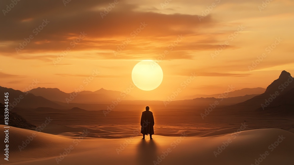 Obraz premium A solitary figure stands on desert sand, gazing at a stunning sunset, embodying peace and reflection in a tranquil landscape.