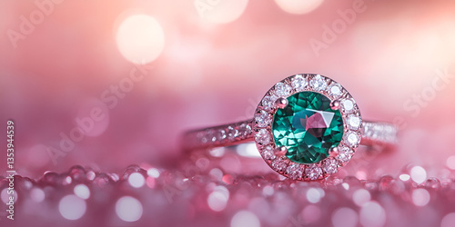  Elegant Emerald Engagement Ring on Sparkling Pink Background