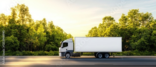 A white box truck journeys along a scenic road surrounded by vibrant green trees set against a bright blue sky on a sunny day full of life and color