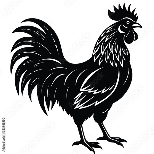 Vector illustration. Black silhouette of a rooster standing on one leg. Isolated on a white background